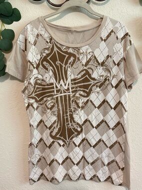 Y2K Grunge Graphic Cross Argyle T-Shirt✨